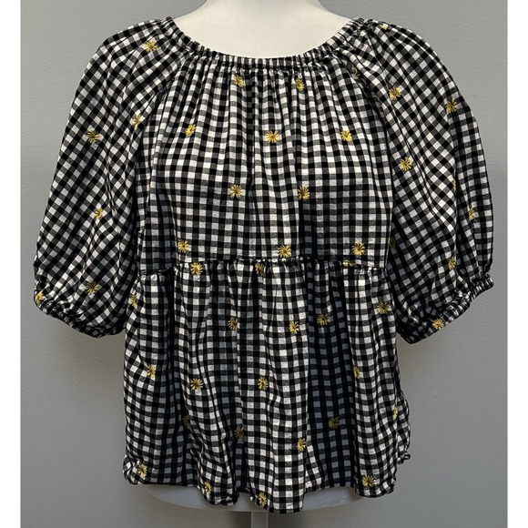 Old Navy Women's Top Puff Sleeve‎ L Black White Gingham Check Daisy Embroidered - Picture 1 of 13